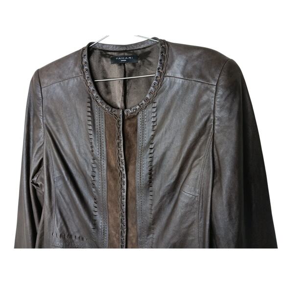 Tahari Woman 100% Leather Jacket Brown Suede Trim Open Front Pockets Boho Chic L - Picture 6 of 16